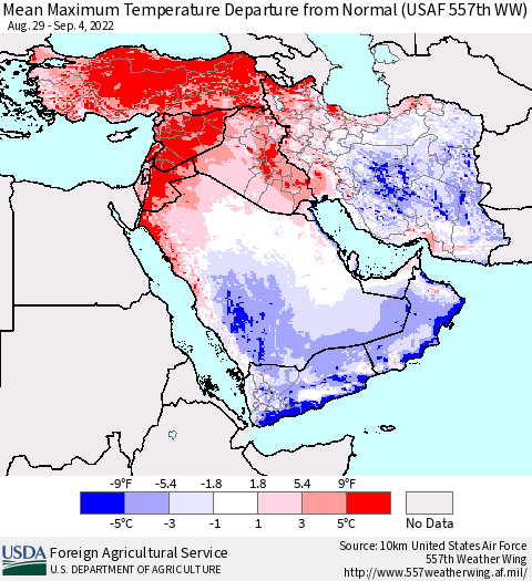 Middle East and Turkey Mean Maximum Temperature Departure from Normal (USAF 557th WW) Thematic Map For 8/29/2022 - 9/4/2022