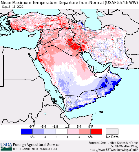Middle East and Turkey Mean Maximum Temperature Departure from Normal (USAF 557th WW) Thematic Map For 9/5/2022 - 9/11/2022
