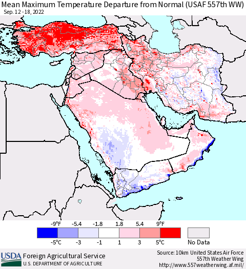 Middle East and Turkey Mean Maximum Temperature Departure from Normal (USAF 557th WW) Thematic Map For 9/12/2022 - 9/18/2022