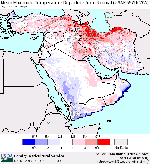 Middle East and Turkey Mean Maximum Temperature Departure from Normal (USAF 557th WW) Thematic Map For 9/19/2022 - 9/25/2022