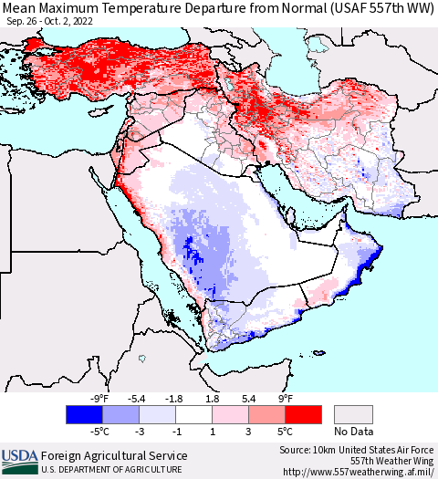Middle East and Turkey Mean Maximum Temperature Departure from Normal (USAF 557th WW) Thematic Map For 9/26/2022 - 10/2/2022