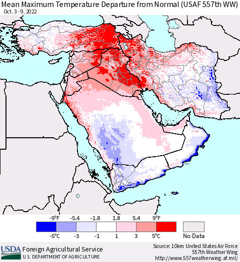 Middle East and Turkey Mean Maximum Temperature Departure from Normal (USAF 557th WW) Thematic Map For 10/3/2022 - 10/9/2022