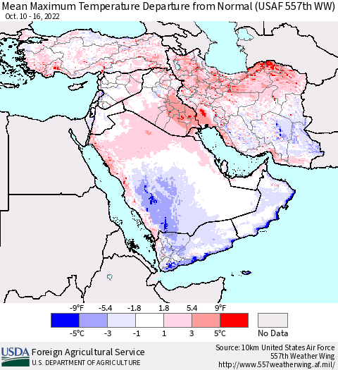 Middle East and Turkey Mean Maximum Temperature Departure from Normal (USAF 557th WW) Thematic Map For 10/10/2022 - 10/16/2022