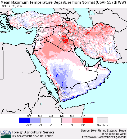 Middle East and Turkey Mean Maximum Temperature Departure from Normal (USAF 557th WW) Thematic Map For 10/17/2022 - 10/23/2022