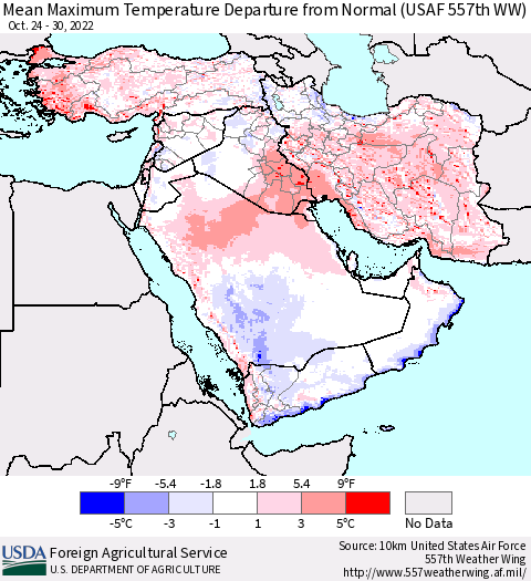 Middle East and Turkey Mean Maximum Temperature Departure from Normal (USAF 557th WW) Thematic Map For 10/24/2022 - 10/30/2022