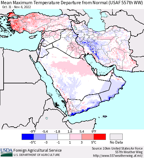 Middle East and Turkey Mean Maximum Temperature Departure from Normal (USAF 557th WW) Thematic Map For 10/31/2022 - 11/6/2022