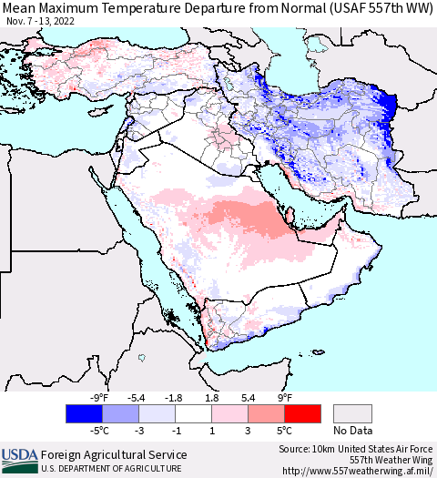 Middle East and Turkey Mean Maximum Temperature Departure from Normal (USAF 557th WW) Thematic Map For 11/7/2022 - 11/13/2022