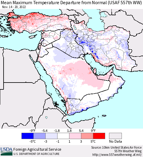 Middle East and Turkey Mean Maximum Temperature Departure from Normal (USAF 557th WW) Thematic Map For 11/14/2022 - 11/20/2022