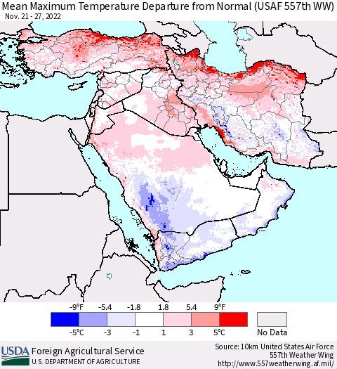 Middle East and Turkey Mean Maximum Temperature Departure from Normal (USAF 557th WW) Thematic Map For 11/21/2022 - 11/27/2022