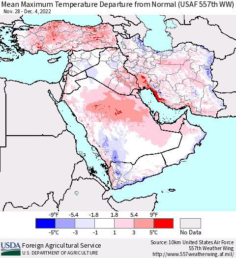 Middle East and Turkey Mean Maximum Temperature Departure from Normal (USAF 557th WW) Thematic Map For 11/28/2022 - 12/4/2022