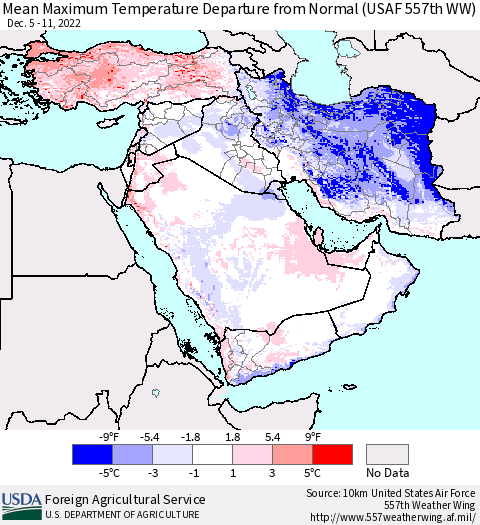 Middle East and Turkey Mean Maximum Temperature Departure from Normal (USAF 557th WW) Thematic Map For 12/5/2022 - 12/11/2022