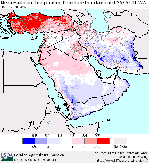 Middle East and Turkey Mean Maximum Temperature Departure from Normal (USAF 557th WW) Thematic Map For 12/12/2022 - 12/18/2022
