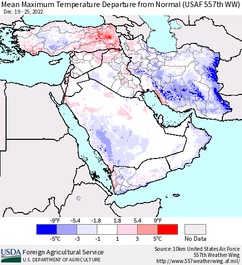 Middle East and Turkey Mean Maximum Temperature Departure from Normal (USAF 557th WW) Thematic Map For 12/19/2022 - 12/25/2022