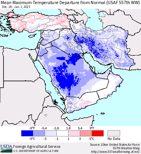 Middle East and Turkey Mean Maximum Temperature Departure from Normal (USAF 557th WW) Thematic Map For 12/26/2022 - 1/1/2023