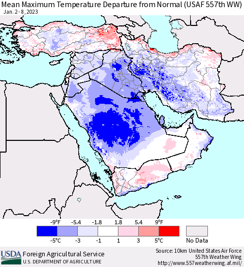Middle East and Turkey Mean Maximum Temperature Departure from Normal (USAF 557th WW) Thematic Map For 1/2/2023 - 1/8/2023