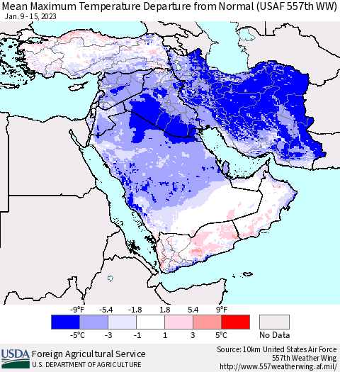 Middle East and Turkey Mean Maximum Temperature Departure from Normal (USAF 557th WW) Thematic Map For 1/9/2023 - 1/15/2023