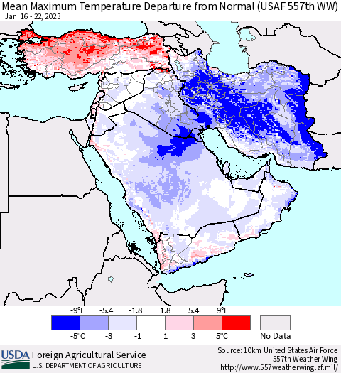 Middle East and Turkey Mean Maximum Temperature Departure from Normal (USAF 557th WW) Thematic Map For 1/16/2023 - 1/22/2023