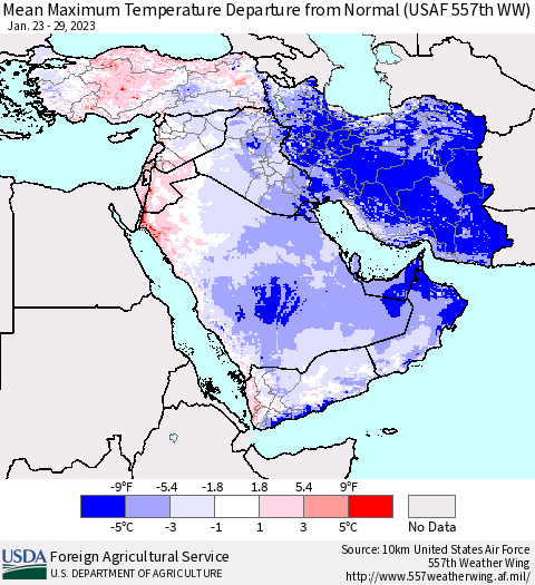 Middle East and Turkey Mean Maximum Temperature Departure from Normal (USAF 557th WW) Thematic Map For 1/23/2023 - 1/29/2023