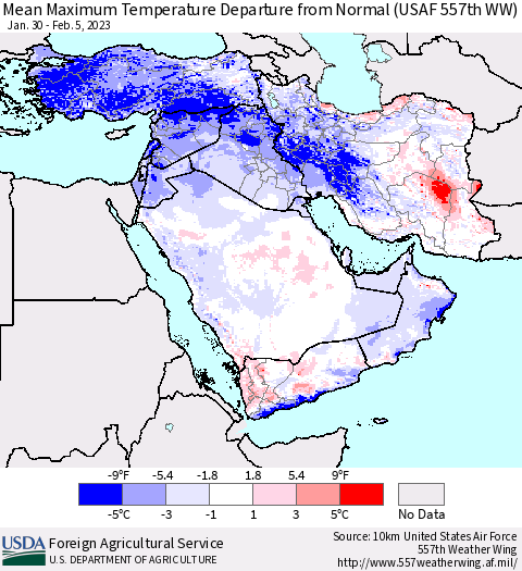 Middle East and Turkey Mean Maximum Temperature Departure from Normal (USAF 557th WW) Thematic Map For 1/30/2023 - 2/5/2023