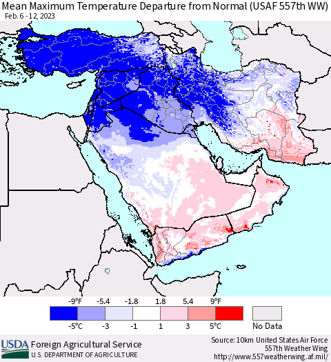 Middle East and Turkey Mean Maximum Temperature Departure from Normal (USAF 557th WW) Thematic Map For 2/6/2023 - 2/12/2023