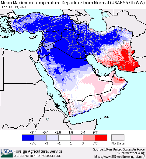 Middle East and Turkey Mean Maximum Temperature Departure from Normal (USAF 557th WW) Thematic Map For 2/13/2023 - 2/19/2023