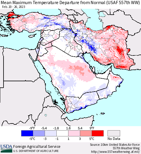 Middle East and Turkey Mean Maximum Temperature Departure from Normal (USAF 557th WW) Thematic Map For 2/20/2023 - 2/26/2023