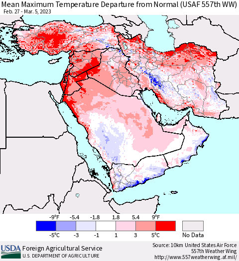 Middle East and Turkey Mean Maximum Temperature Departure from Normal (USAF 557th WW) Thematic Map For 2/27/2023 - 3/5/2023