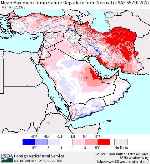 Middle East and Turkey Mean Maximum Temperature Departure from Normal (USAF 557th WW) Thematic Map For 3/6/2023 - 3/12/2023