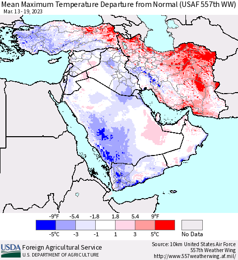 Middle East and Turkey Mean Maximum Temperature Departure from Normal (USAF 557th WW) Thematic Map For 3/13/2023 - 3/19/2023