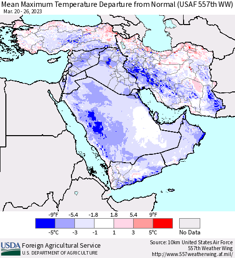 Middle East and Turkey Mean Maximum Temperature Departure from Normal (USAF 557th WW) Thematic Map For 3/20/2023 - 3/26/2023