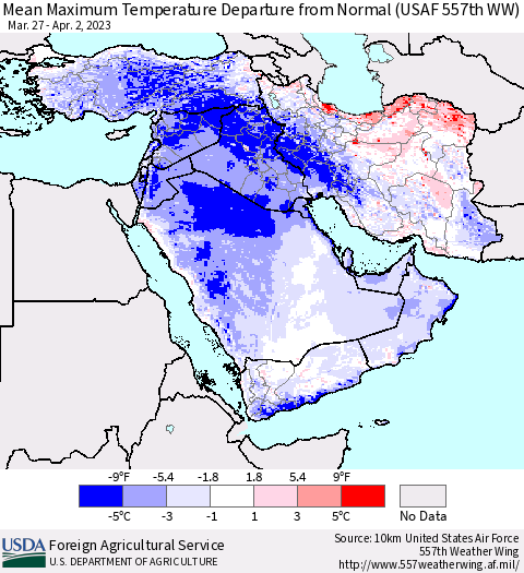 Middle East and Turkey Mean Maximum Temperature Departure from Normal (USAF 557th WW) Thematic Map For 3/27/2023 - 4/2/2023