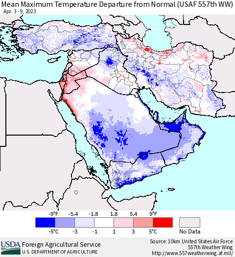 Middle East and Turkey Mean Maximum Temperature Departure from Normal (USAF 557th WW) Thematic Map For 4/3/2023 - 4/9/2023