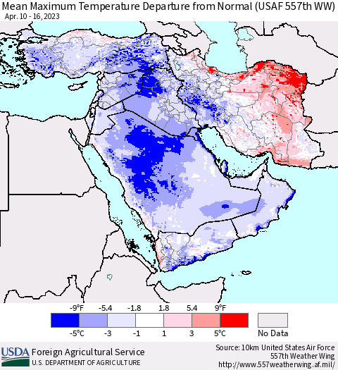 Middle East and Turkey Mean Maximum Temperature Departure from Normal (USAF 557th WW) Thematic Map For 4/10/2023 - 4/16/2023