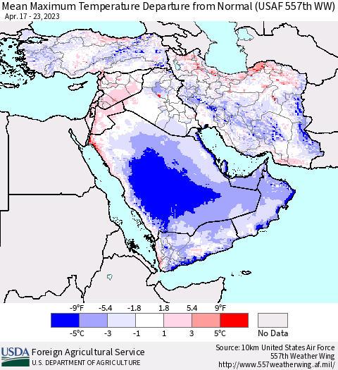 Middle East and Turkey Mean Maximum Temperature Departure from Normal (USAF 557th WW) Thematic Map For 4/17/2023 - 4/23/2023