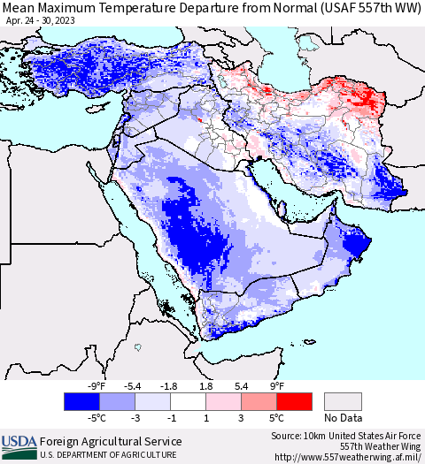 Middle East and Turkey Mean Maximum Temperature Departure from Normal (USAF 557th WW) Thematic Map For 4/24/2023 - 4/30/2023