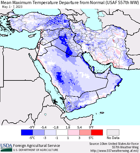 Middle East and Turkey Mean Maximum Temperature Departure from Normal (USAF 557th WW) Thematic Map For 5/1/2023 - 5/7/2023