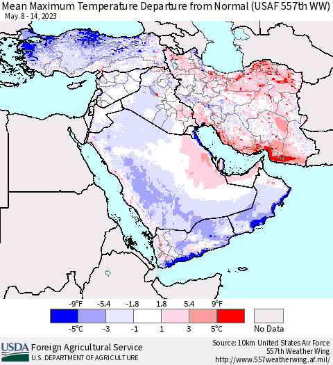 Middle East and Turkey Mean Maximum Temperature Departure from Normal (USAF 557th WW) Thematic Map For 5/8/2023 - 5/14/2023