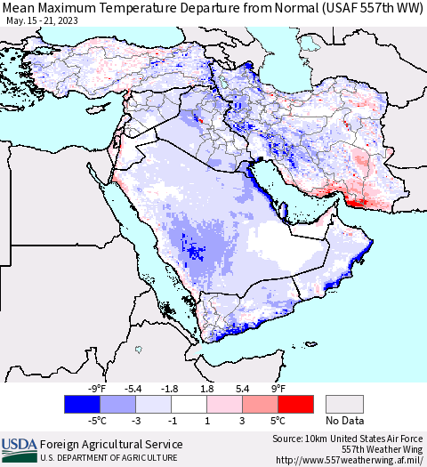 Middle East and Turkey Mean Maximum Temperature Departure from Normal (USAF 557th WW) Thematic Map For 5/15/2023 - 5/21/2023