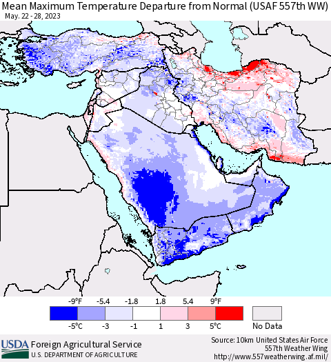 Middle East and Turkey Mean Maximum Temperature Departure from Normal (USAF 557th WW) Thematic Map For 5/22/2023 - 5/28/2023