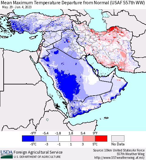 Middle East and Turkey Mean Maximum Temperature Departure from Normal (USAF 557th WW) Thematic Map For 5/29/2023 - 6/4/2023