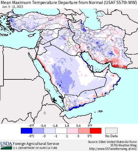 Middle East and Turkey Mean Maximum Temperature Departure from Normal (USAF 557th WW) Thematic Map For 6/5/2023 - 6/11/2023