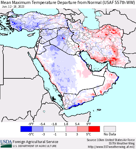 Middle East and Turkey Mean Maximum Temperature Departure from Normal (USAF 557th WW) Thematic Map For 6/12/2023 - 6/18/2023