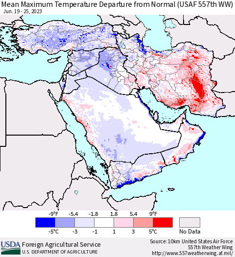 Middle East and Turkey Mean Maximum Temperature Departure from Normal (USAF 557th WW) Thematic Map For 6/19/2023 - 6/25/2023