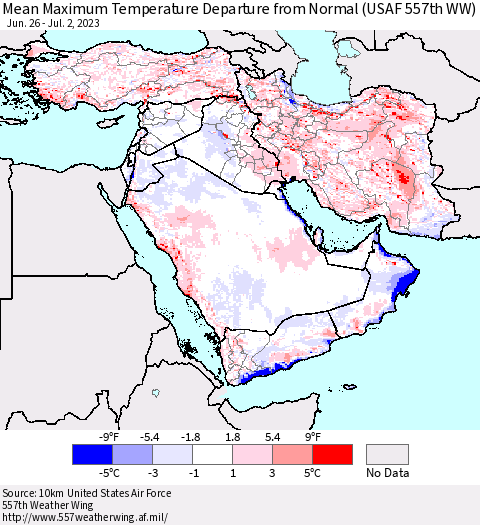 Middle East and Turkey Mean Maximum Temperature Departure from Normal (USAF 557th WW) Thematic Map For 6/26/2023 - 7/2/2023