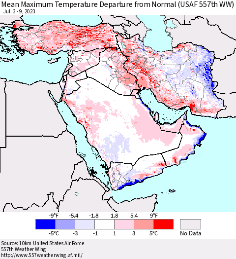 Middle East and Turkey Mean Maximum Temperature Departure from Normal (USAF 557th WW) Thematic Map For 7/3/2023 - 7/9/2023