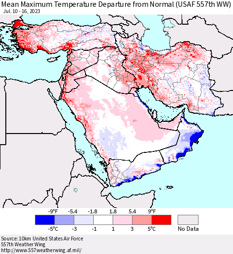Middle East and Turkey Mean Maximum Temperature Departure from Normal (USAF 557th WW) Thematic Map For 7/10/2023 - 7/16/2023