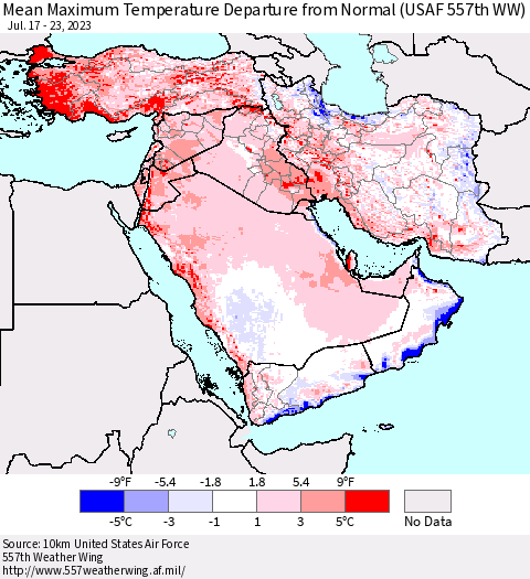 Middle East and Turkey Mean Maximum Temperature Departure from Normal (USAF 557th WW) Thematic Map For 7/17/2023 - 7/23/2023