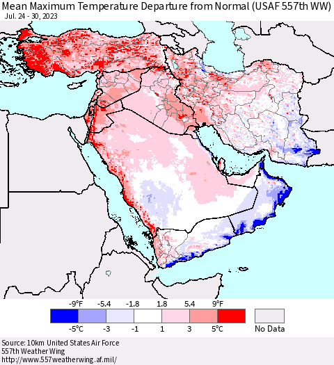 Middle East and Turkey Mean Maximum Temperature Departure from Normal (USAF 557th WW) Thematic Map For 7/24/2023 - 7/30/2023