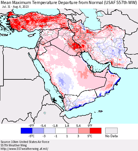 Middle East and Turkey Mean Maximum Temperature Departure from Normal (USAF 557th WW) Thematic Map For 7/31/2023 - 8/6/2023