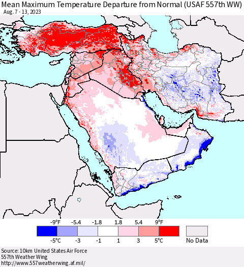 Middle East and Turkey Mean Maximum Temperature Departure from Normal (USAF 557th WW) Thematic Map For 8/7/2023 - 8/13/2023